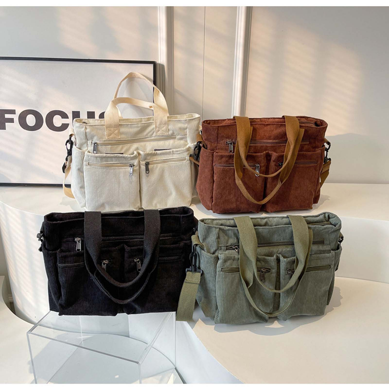 Items!FAJHHA Corduroy \u0026 Polyester Large Capacity Multi-compartment Shoulder Bag for Women - Beige,Black,Green,Coffee Colors - Includes Internal Zippered Pockets and Front Zipper Pockets